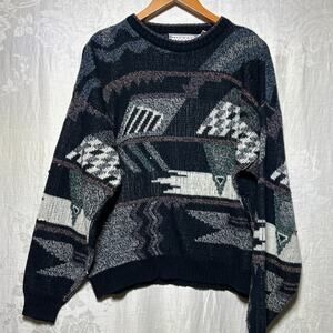 Vintage Sweater XL Navy Blue Geometric Print Crew Neck Boxy